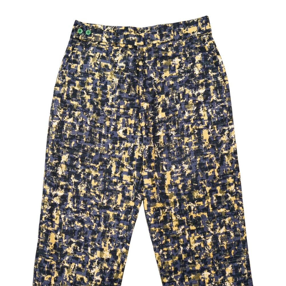 Mens 32 Gurkha Pants Blue Yellow Abstract Cotton High Waist Straight Trousers